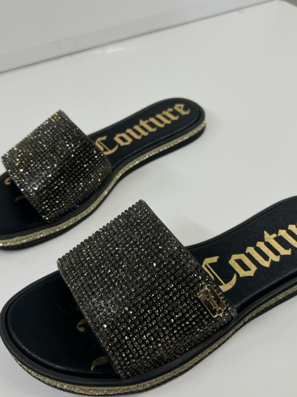 JUICY COUTURE women’s size 7 Gold and Black Bedazzled Slip In Flats Flip Floos - Picture 7 of 8